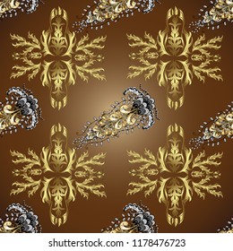 Classic vector golden seamless pattern. Floral ornament brocade textile pattern, glass, metal with floral pattern on brown, neutral and yellow colors with golden elements.