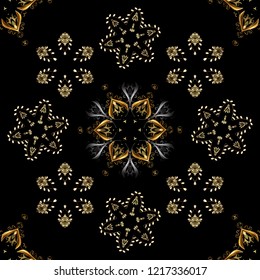 Classic vector golden seamless pattern. Floral ornament brocade textile pattern, glass, metal with floral pattern on black, brown and gray colors with golden elements.