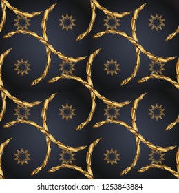 Classic vector golden seamless pattern. Floral ornament brocade textile pattern, glass, metal with floral pattern on black colors with golden elements.