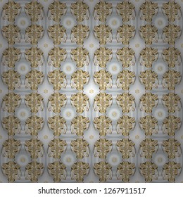 Classic vector golden seamless pattern. Floral ornament brocade textile pattern, glass, metal with floral pattern on gray and neutral colors with golden elements.