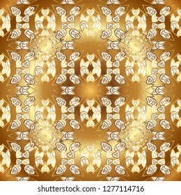 Classic vector golden seamless pattern. Floral ornament brocade textile pattern, glass, metal with floral pattern on white and brown colors with golden elements.
