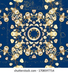 Classic vector golden seamless pattern. Floral ornament brocade textile pattern, glass, metal with floral pattern on blue and white colors with golden elements.