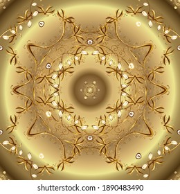 Classic vector golden seamless pattern. Floral ornament brocade textile pattern, glass, metal with floral pattern on neutral and beige colors with golden elements.