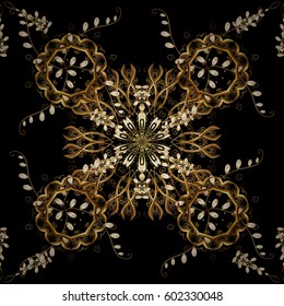 Classic vector golden seamless pattern. Floral ornament brocade textile pattern, glass, metal with floral pattern on black background with golden elements.