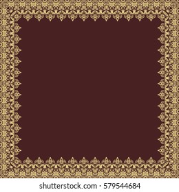 Classic vector golden square frame with arabesques and orient elements. Abstract ornament with place for text. Vintage pattern