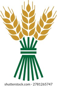 Classic vector icon featuring three golden wheat stalks bundled together with green stems and binding bands. Traditional agricultural symbol representing harvest, abundance, unity, farming heritage, grain quality, food security, and rural prosperity. Perfect for farm cooperatives, grain elevators, flour mills, agricultural boards, organic food brands, farmer unions, crop insurance, and heritage farming brands. 
