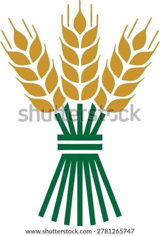 Classic vector icon featuring three golden wheat stalks bundled together with green stems and binding bands. Traditional agricultural symbol representing harvest, abundance, unity, farming heritage, grain quality, food security, and rural prosperity. Perfect for farm cooperatives, grain elevators, flour mills, agricultural boards, organic food brands, farmer unions, crop insurance, and heritage farming brands. 