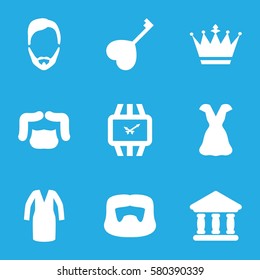 classic vector icons. Set of 9 classic filled icons such as man hairstyle, crown, dress, heart key, bank
