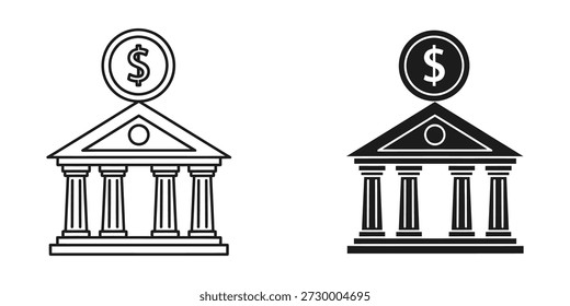Ilustración vectorial clásica de un edificio bancario con un signo de dólar en la parte superior, que representa las finanzas y el patrimonio.