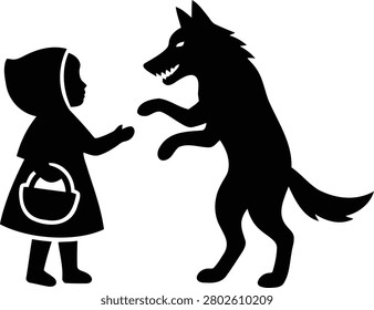 Classic vector illustration depicts Little Red Riding Hood's tense encounter with the menacing big bad wolf, a timeless fairy tale scene.