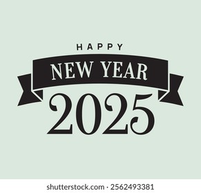 Classic vector illustration of Happy New Year 2025 with bold typography and ribbon design. Perfect for holiday cards, banners, and festive greeting projects