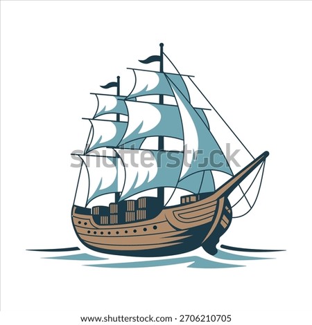 A classic vector illustration of a vintage sailing ship riding the waves. This nautical graphic features a wooden tall ship with full white sails and blue flags, rendered in a retro style. ship logo