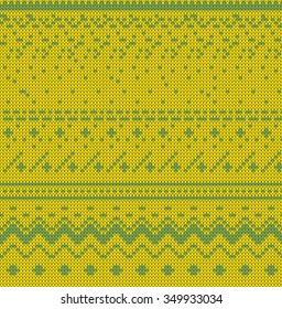 Classic vector knitting texture. Christmas nordic sweater design. Knitting pattern with Scandinavian ornament in yellow and green color.