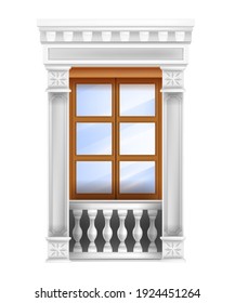 Classic vector palace wooden double door with balustrade, glass window, marble pillars isolated on white. Architecture entrance roman facade front view. Palace traditional door, vintage antique portal