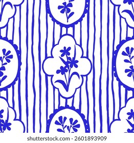 Classic vector pattern with blue frames, stripes and flowers. Cute print for wallpaper and textile