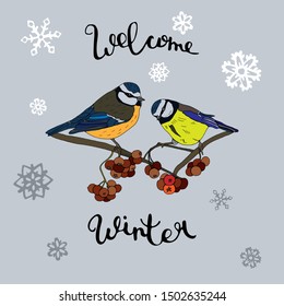 Classic vector postcard on a winter theme. Tits on a rowan branch and text are welcome in winter.