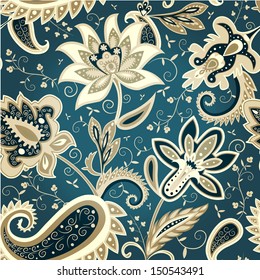 Classic vector seamless floral pattern in blue and tan colors