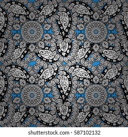 Classic vector seamless pattern. Floral ornament brocade textile pattern, glass, with floral pattern on blue background with white elements.