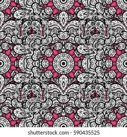 Classic vector seamless pattern. Floral ornament brocade textile pattern, glass, with floral pattern on pink background with white elements.