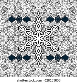 Classic vector seamless pattern. Floral ornament brocade textile pattern, glass, with floral pattern on blue background with white elements.