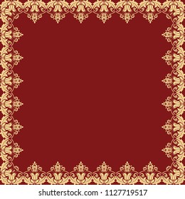 Classic vector square frame with arabesques and orient elements. Abstract red and golden ornament with place for text. Vintage pattern