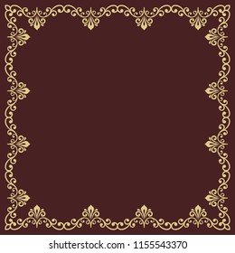 Classic vector square frame with arabesques and orient golden elements. Abstract ornament with place for text. Vintage pattern