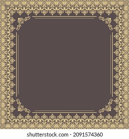 Classic vector square frame with arabesques and orient elements. Abstract ornament with place for text. Vintage brown and golden pattern