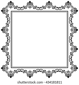 Classic vector square frame with arabesques and orient elements. Abstract fine ornament with place for text. Black and white pattern