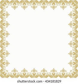 Classic vector square frame with arabesques and orient elements. Abstract fine ornament with place for text. Golden and white pattern