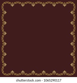 Classic vector square frame with golden arabesques and orient elements. Abstract ornament with place for text. Vintage pattern