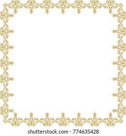 Classic vector square golden frame with arabesques and orient elements. Abstract ornament with place for text. Vintage pattern