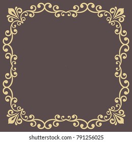 Classic vector square golden frame with arabesques and orient elements. Abstract ornament with place for text. Vintage pattern