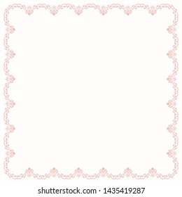 Classic vector square pink frame with arabesques and orient elements. Abstract ornament with place for text. Vintage pattern
