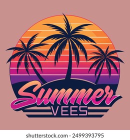 A classic vector style sunset with palm trees illustration