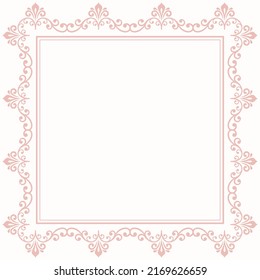 Classic vector vintage pink square frame with arabesques and orient elements. Abstract ornament with place for text. Vintage pattern