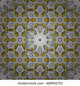 Classic vector white pattern. Floral ornament brocade textile pattern, glass, cute with floral pattern on yellow background with white elements.