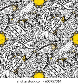 Classic vector white pattern. Floral ornament brocade textile pattern, glass, cute with floral pattern on yellow background with white elements.