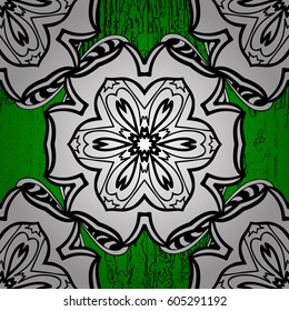 Classic vector white pattern. Floral ornament brocade textile pattern, glass, metal with floral pattern on green background with white elements.