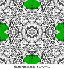 Classic vector white pattern. Floral ornament brocade textile pattern, glass, metal with floral pattern on green background with white elements.