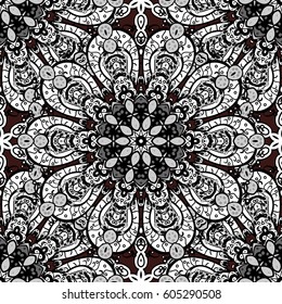 Classic vector white seamless pattern. Floral ornament brocade textile pattern, glass, dark with floral pattern on brown background with white elements.