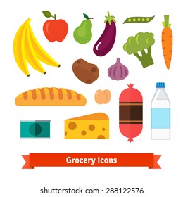 Classic vegetables, fruits and groceries flat vector icon set. 