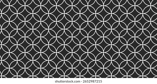 Um padrão sem emenda clássico e versátil com círculos brancos entrelaçados em um fundo escuro. Ideal para fundos, têxteis e designs digitais elegantes.