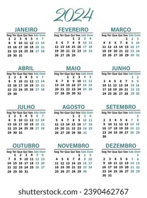 Classic vertical calendar 2024 in Portuguese. Days, weeks and months. Print, template, vector