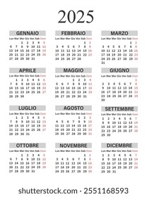 Classic vertical calendar 2025 in Italian. Days, weeks and months for planning. Print, vector