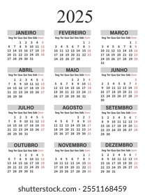 Calendário vertical clássico 2025 em português. Dias, semanas e meses para planejamento. Impressão, vetor