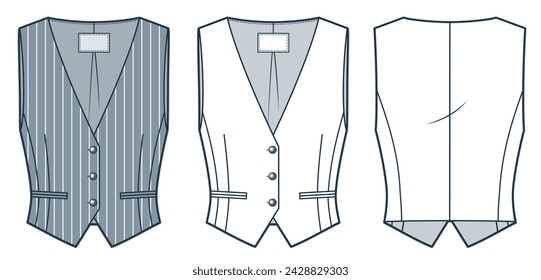 Klassische Westenjacke Blazer technische Mode-Illustration. Vintage Jacke Vest Mode flache technische Zeichnungsvorlage, Vorder- und Rückansicht, weiß, grau, Frauen, Männer, Unisex CAD Mockup Set.