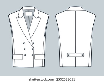 Classic Vest Jacket ilustração de moda técnica. Modelo de desenho técnico plano sem mangas da moda Jacket, vista frontal e traseira, branco, mulheres, homens, maquete CAD unisex.