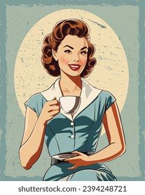 Vibes clásicas: Representación de estilo retro de una mujer deleitándose en el café