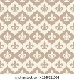 Classic victorian background with stylized fleur-de-lis. Seamless vector pattern. French royal style. Calm pastel undertones. Classic decorative ornament.