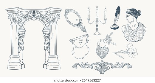 Coleção Vitoriana Clássica Gráficos Herança Retrô. Incluindo móveis, retratos, molduras, chaves e ornamentos. Ideal para projetos com temas antigos, projetos de casamento e marcas de luxo.